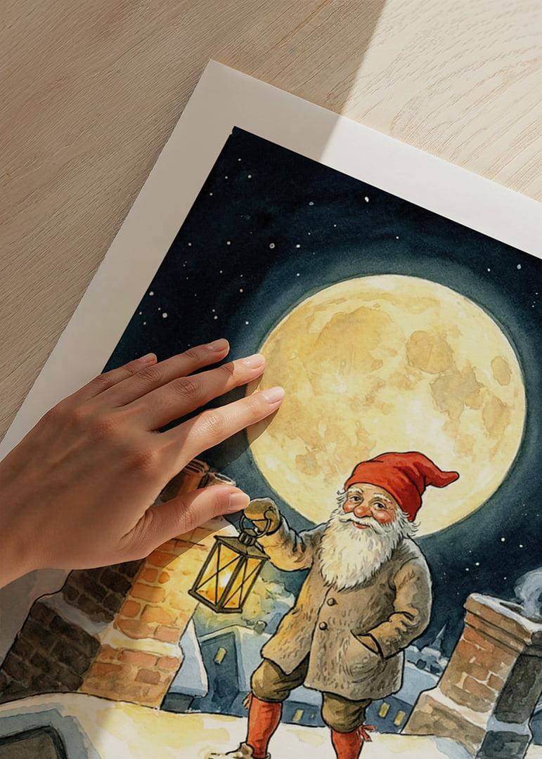 En tomte lyser upp natten med sin lykta under en fullmåne-12