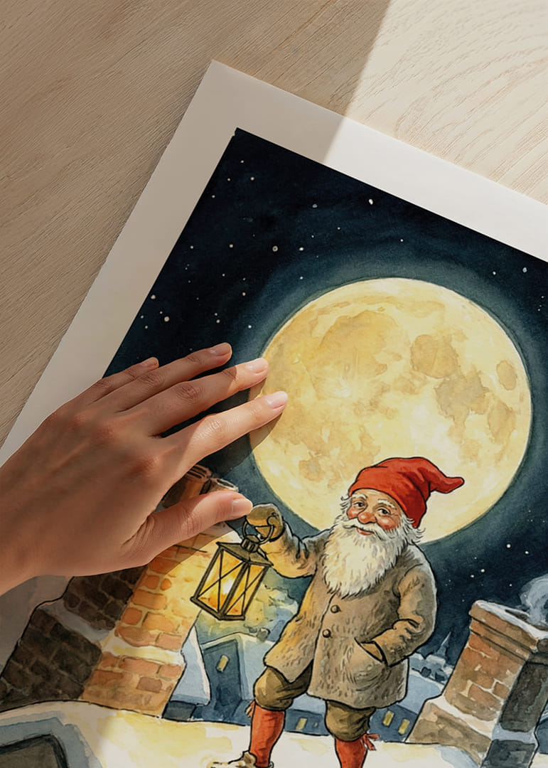 Een Kerstman verlicht de nacht met zijn lantaarn onder een volle maan-12