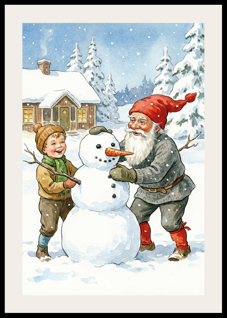 Le Père Noël construit un bonhomme de neige avec des enfants dans un paysage hivernal-12