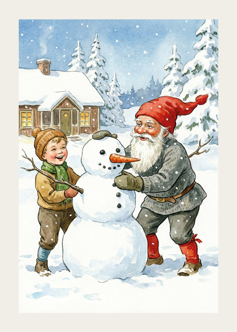 Le Père Noël construit un bonhomme de neige avec des enfants dans un paysage hivernal-12
