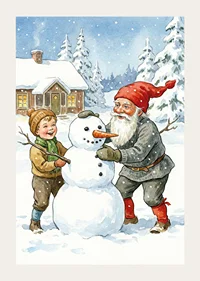 Santa Claus building a snowman with children in a wintry landscape-3