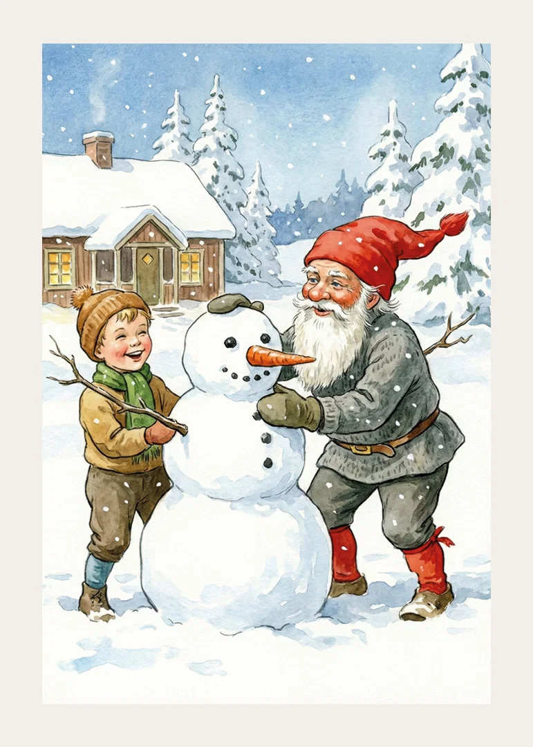 Santa Claus building a snowman with children in a wintry landscape-12