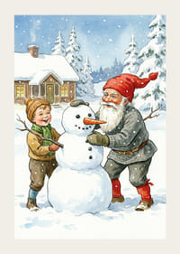 De Kerstman bouwt met kinderen een sneeuwpop in een winterlandschap-3