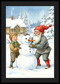 De Kerstman bouwt met kinderen een sneeuwpop in een winterlandschap-4