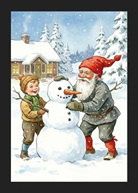 Santa Claus building a snowman with children in a wintry landscape-5
