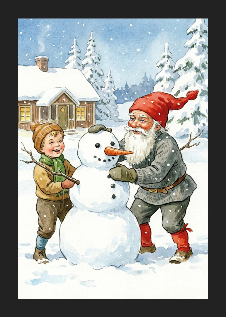 Santa Claus building a snowman with children in a wintry landscape-12