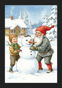 De Kerstman bouwt met kinderen een sneeuwpop in een winterlandschap-5