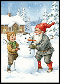 Tomten bygger en snögubbe med barn i ett vintrigt landskap-2