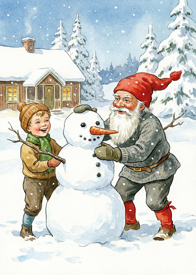 Tomten bygger en snögubbe med barn i ett vintrigt landskap-12