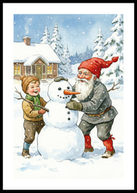 Tomten bygger en snögubbe med barn i ett vintrigt landskap-0