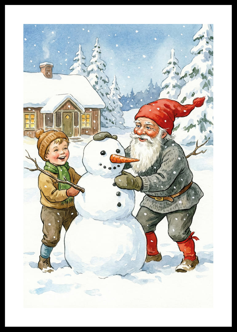 Tomten bygger en snögubbe med barn i ett vintrigt landskap-12