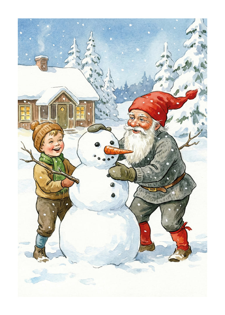 Le Père Noël construit un bonhomme de neige avec des enfants dans un paysage hivernal-12