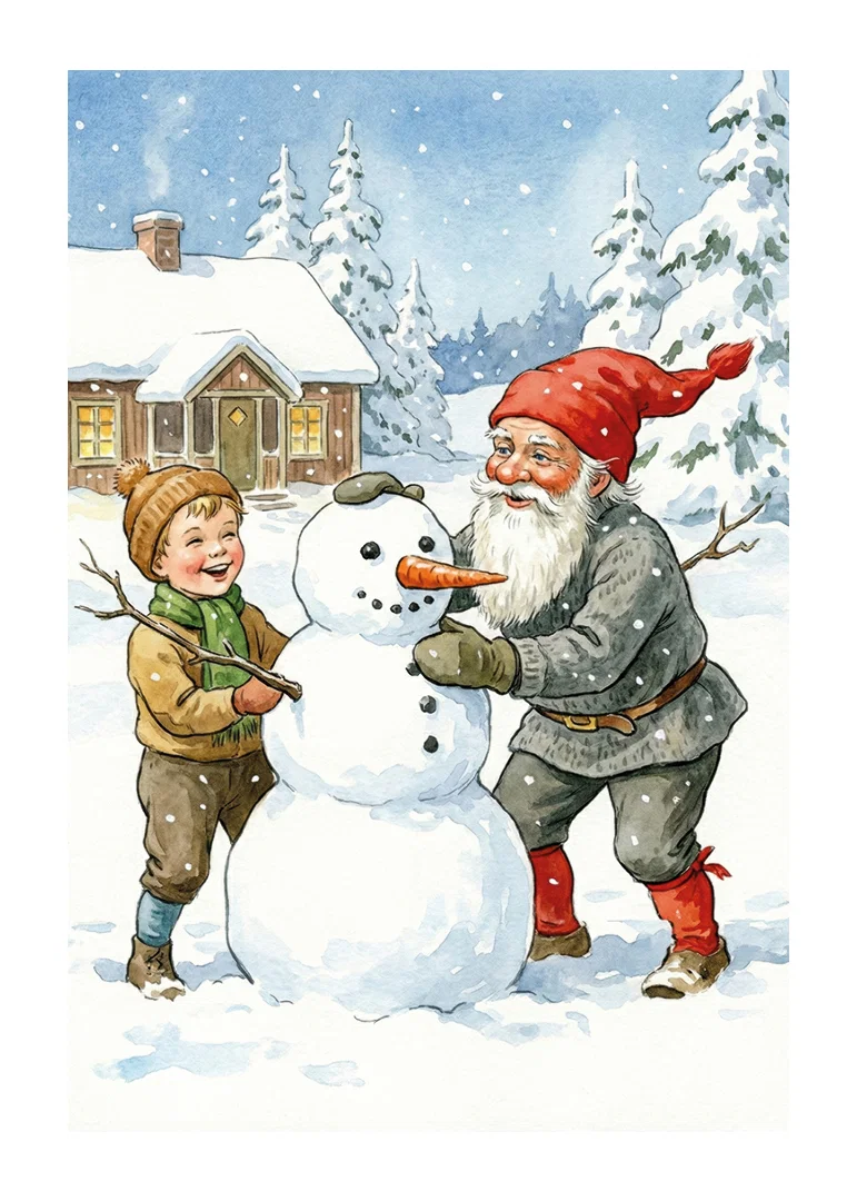 Santa Claus building a snowman with children in a wintry landscape-12