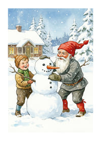 Tomten bygger en snögubbe med barn i ett vintrigt landskap-1