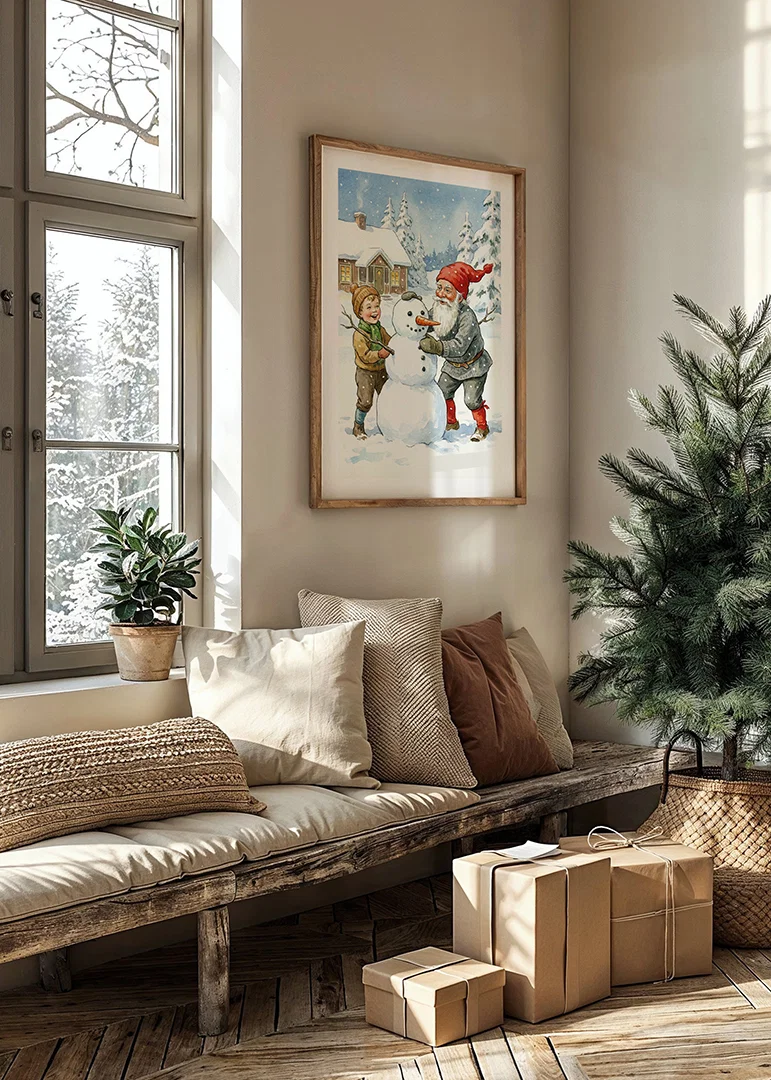Santa Claus building a snowman with children in a wintry landscape-12