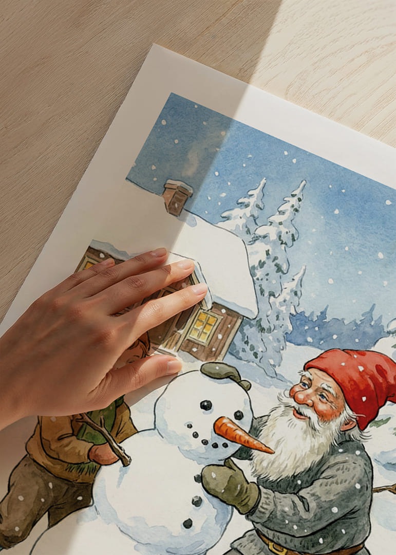 Tomten bygger en snögubbe med barn i ett vintrigt landskap-12