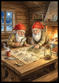 Kaksi tonttua luo taikaa kimaltelevan tulen ääressä-2