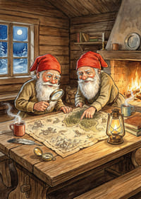 Kaksi tonttua luo taikaa kimaltelevan tulen ääressä-3