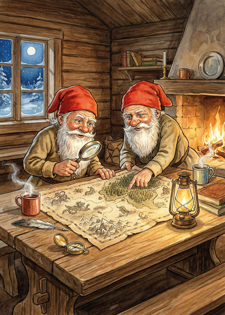 Kaksi tonttua luo taikaa kimaltelevan tulen ääressä-12