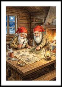 Kaksi tonttua luo taikaa kimaltelevan tulen ääressä-0