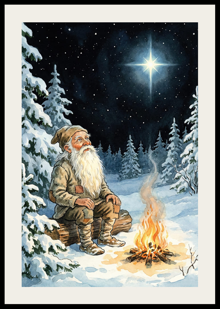 Een oude man warmt zich op bij een vuur op een sterrenhemel in de winter-12