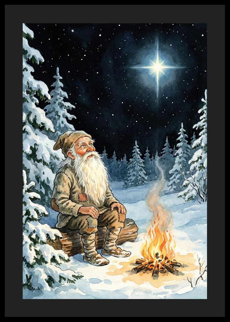 An old man warms himself by a fire on a starry winter night-12