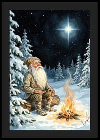 Een oude man warmt zich op bij een vuur op een sterrenhemel in de winter-4