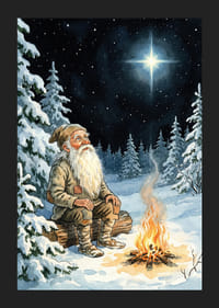 Een oude man warmt zich op bij een vuur op een sterrenhemel in de winter-5