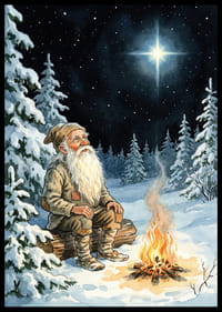 Een oude man warmt zich op bij een vuur op een sterrenhemel in de winter-2