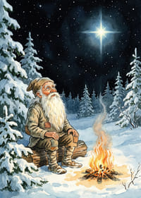 Een oude man warmt zich op bij een vuur op een sterrenhemel in de winter-3