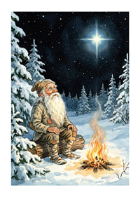 An old man warms himself by a fire on a starry winter night-1
