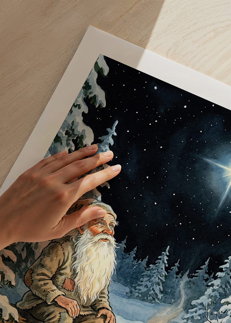 Een oude man warmt zich op bij een vuur op een sterrenhemel in de winter-12