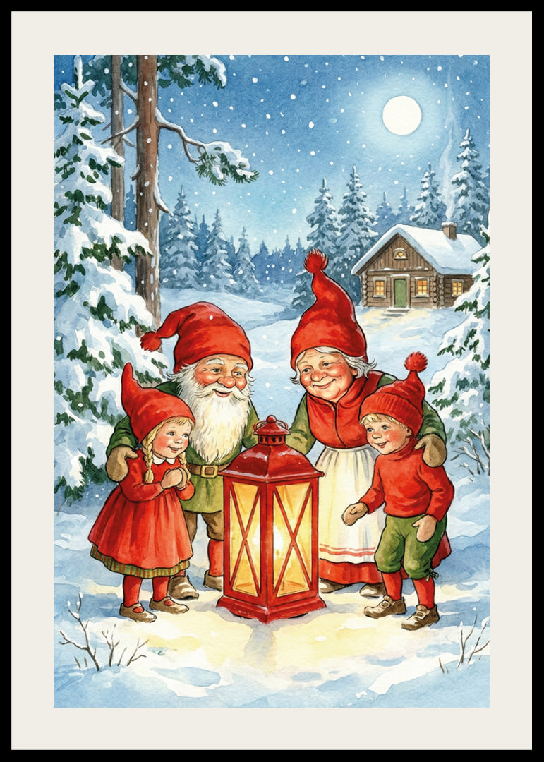 Elves gather in a magical winter landscape around a lantern-12