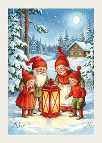 Elves gather in a magical winter landscape around a lantern-3