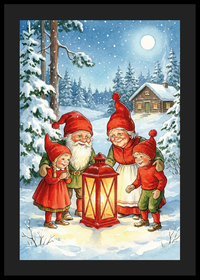 Elves gather in a magical winter landscape around a lantern-12