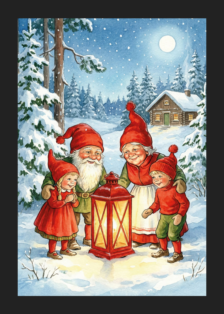 Elves gather in a magical winter landscape around a lantern-12