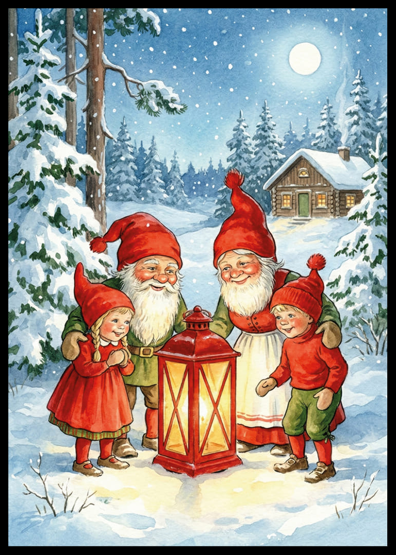 Tomtar samlas i ett magiskt vinterlandskap kring en ljuslykta-12