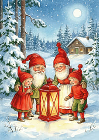 Tomtar samlas i ett magiskt vinterlandskap kring en ljuslykta-3