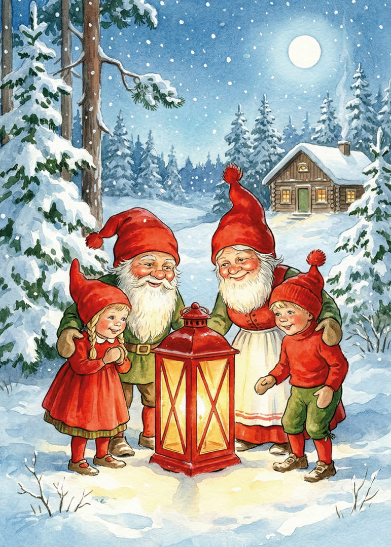 Tomtar samlas i ett magiskt vinterlandskap kring en ljuslykta-12