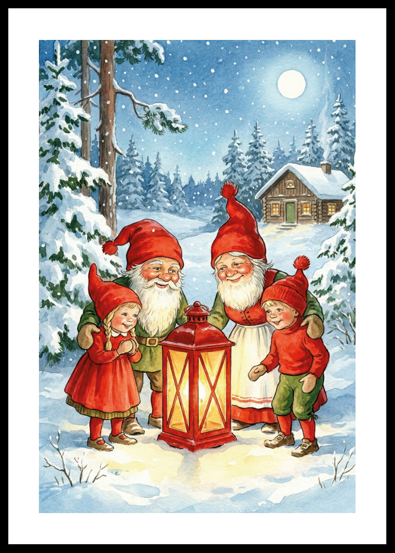 Tomtar samlas i ett magiskt vinterlandskap kring en ljuslykta-12