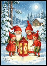 Elves gather in a magical winter landscape around a lantern-6