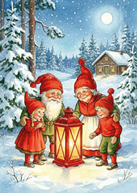 Elves gather in a magical winter landscape around a lantern-7