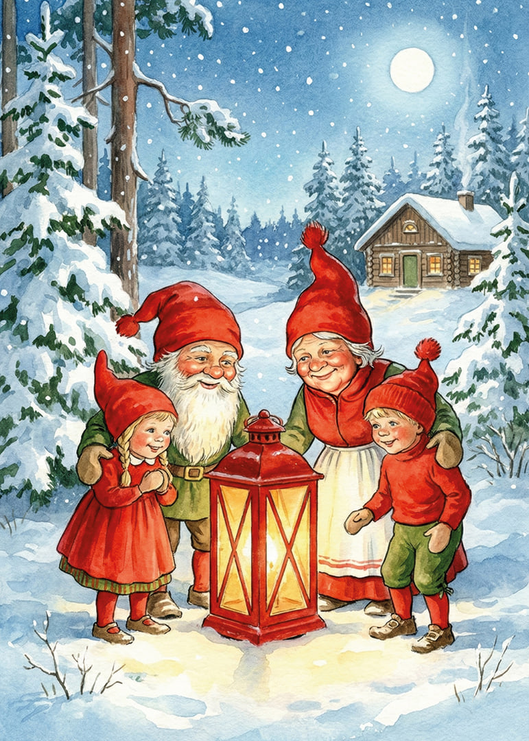 Elves gather in a magical winter landscape around a lantern-12