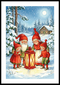 Elves gather in a magical winter landscape around a lantern-0
