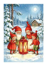 Elves gather in a magical winter landscape around a lantern-1