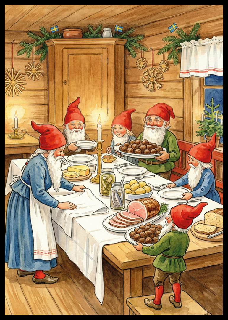 Tontut kokoontuvat juhlapöydän ääreen joulujuhlaa varten-12