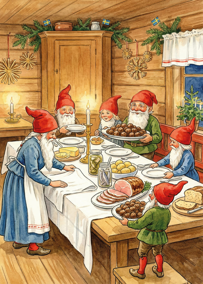 Tontut kokoontuvat juhlapöydän ääreen joulujuhlaa varten-12