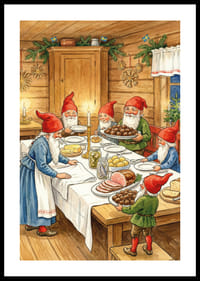 Tontut kokoontuvat juhlapöydän ääreen joulujuhlaa varten-0