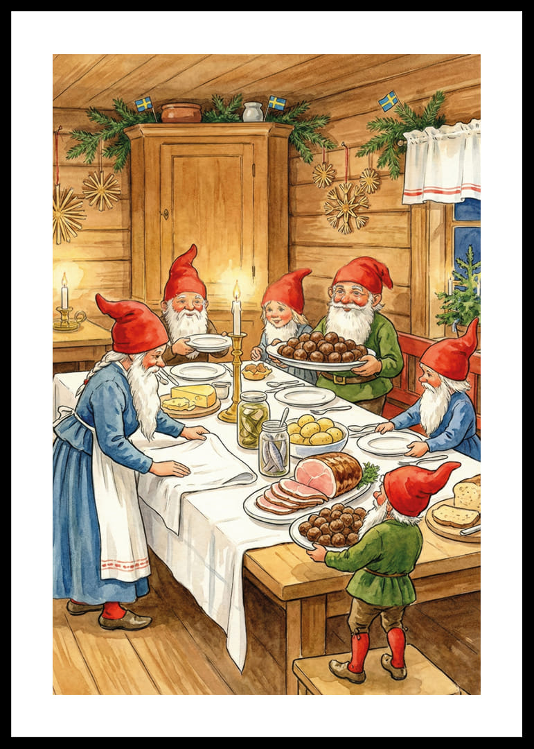 Tontut kokoontuvat juhlapöydän ääreen joulujuhlaa varten-12