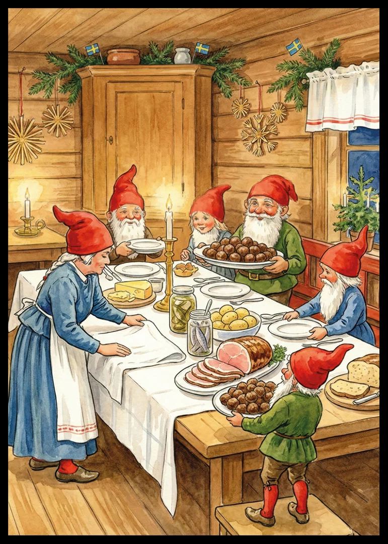 Elves gather around a festive table for Christmas celebration-12